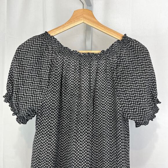 JOIE Silk Check Tie Neck Top Short Sleeve Smocked Blouse Black White Size XS - Picture 6 of 11